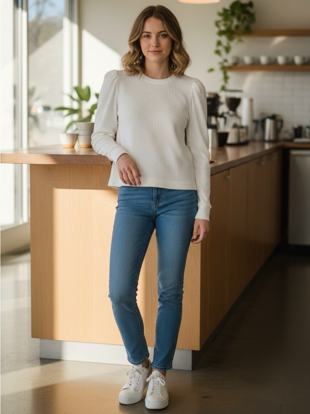 Loft Women’s Brushed Waffle Puff Sleeve Long Sleeve Crew Neck Top Cream PM